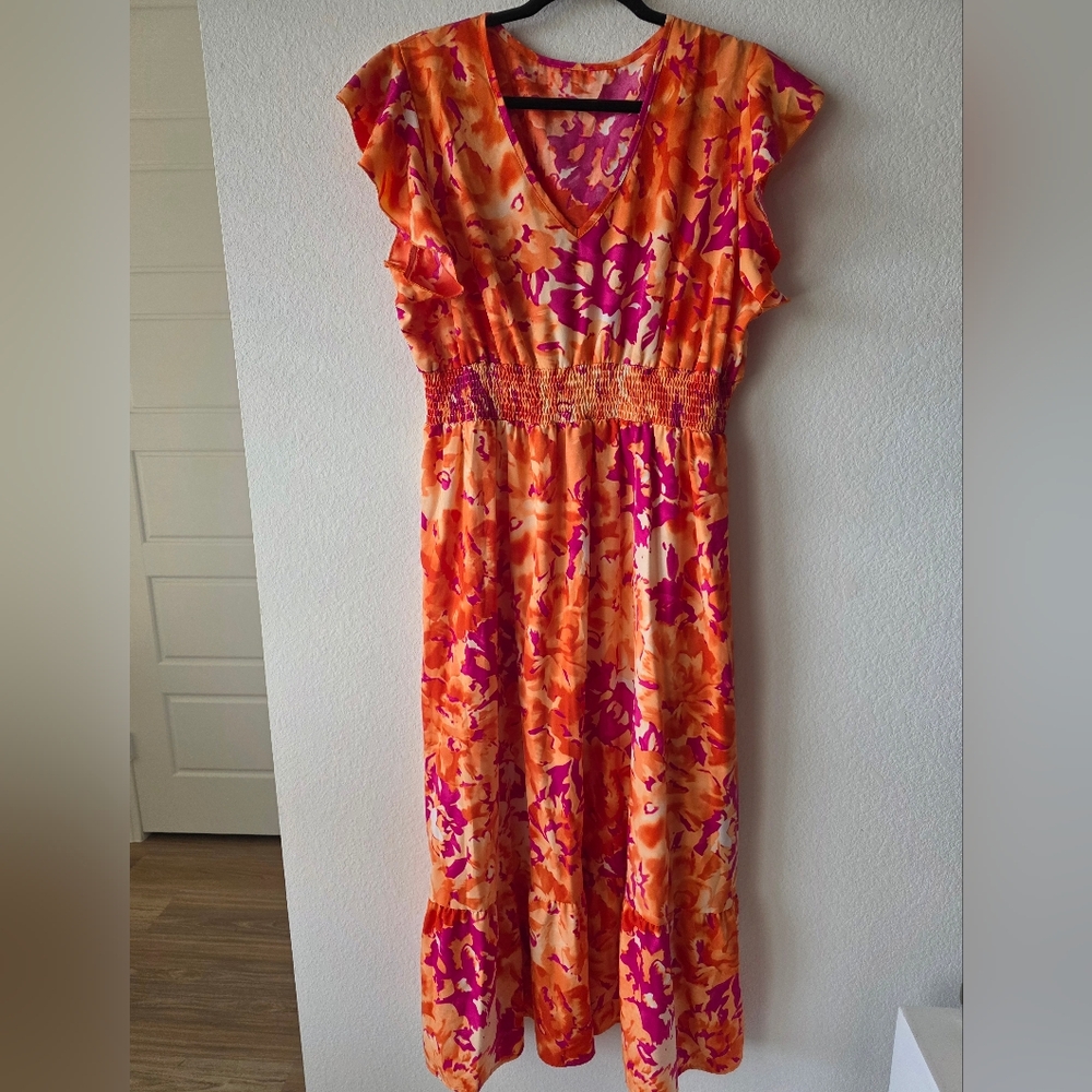 Orange and Pink Floral Midi Dress - Picture 8 of 8